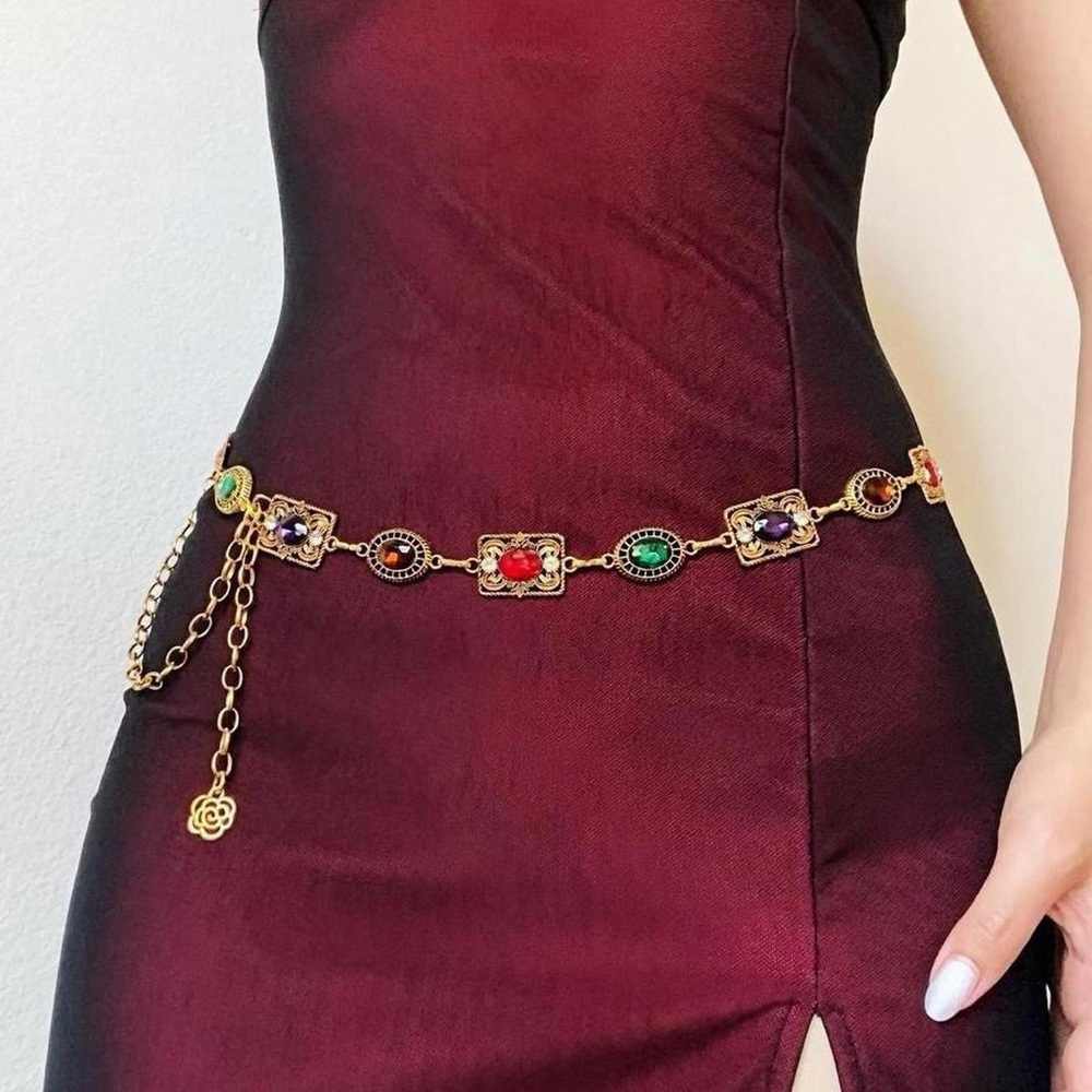 Gold Colorful Multi Colored Waist Body Chain Gemstones Body Waist Chain Belt